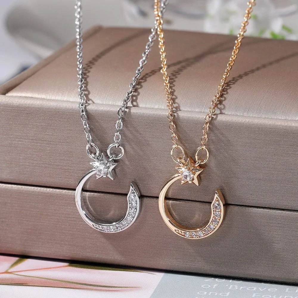 Crystal Shiny Micro Pave Moon Star Gold Trendy Necklace for Women, INDN8645 - Picture 4 of 5